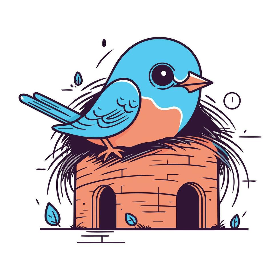 Vector illustration of a cute blue bird sitting on a brick chimney