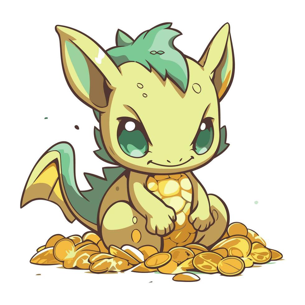 Cute cartoon dragon sitting on a pile of coins. Vector illustration.