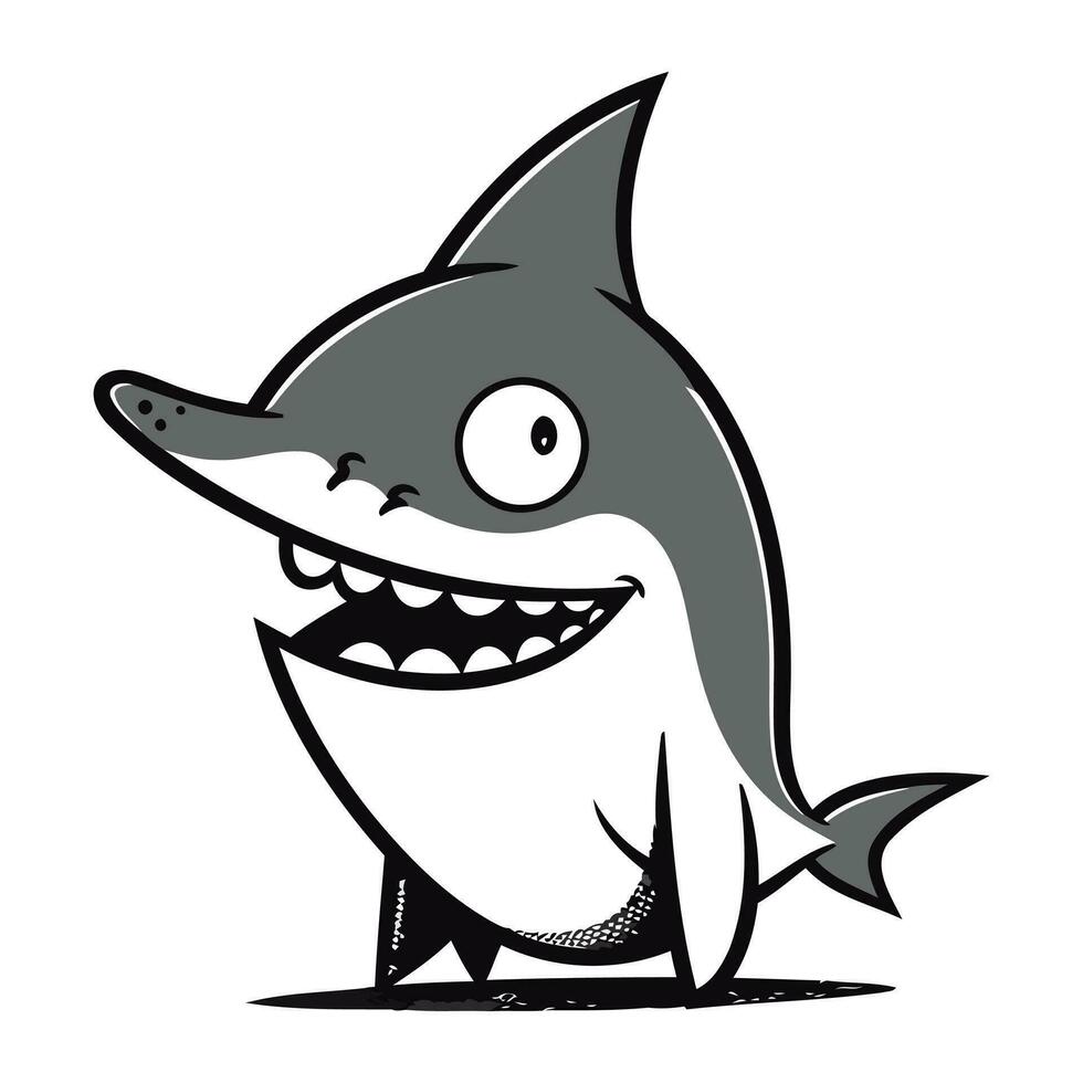 dibujos animados contento tiburón aislado en blanco antecedentes. vector ilustración en negro y blanco colores.