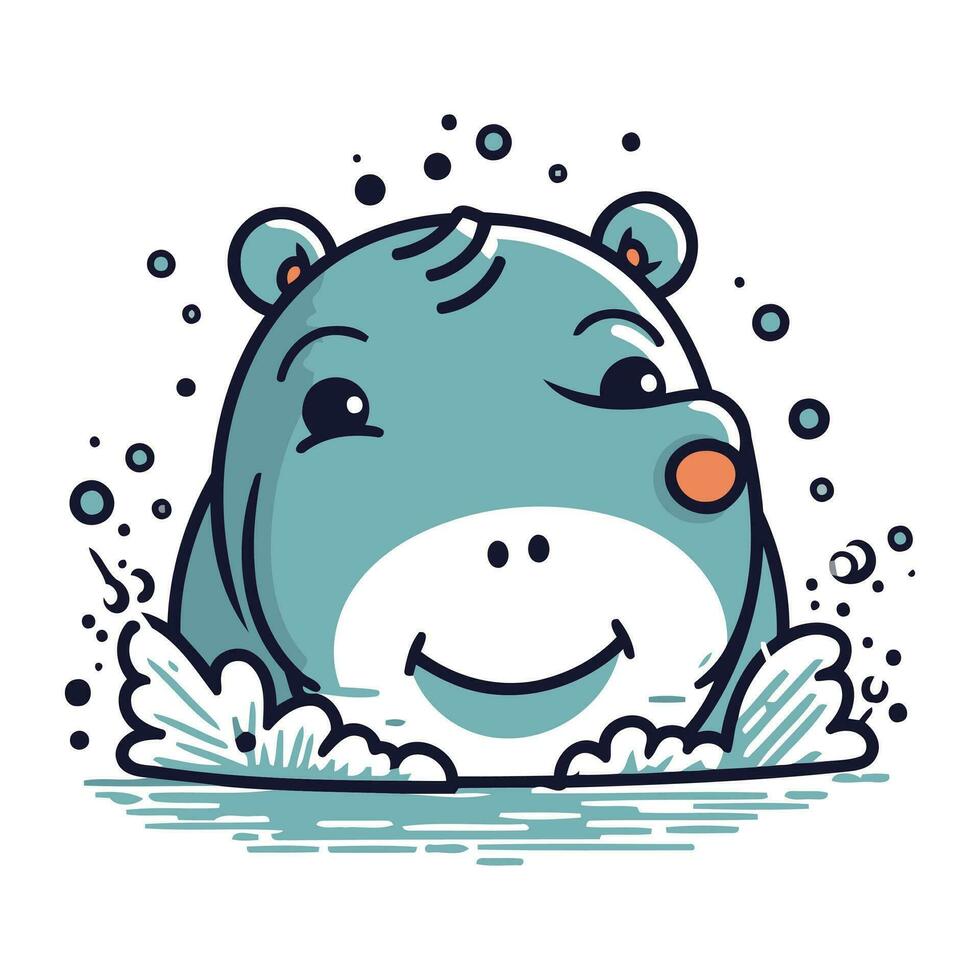 Hippo in the water. Cute cartoon animal. Vector illustration