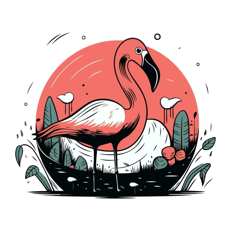 Flamingo in the garden. Vector illustration of a flamingo.