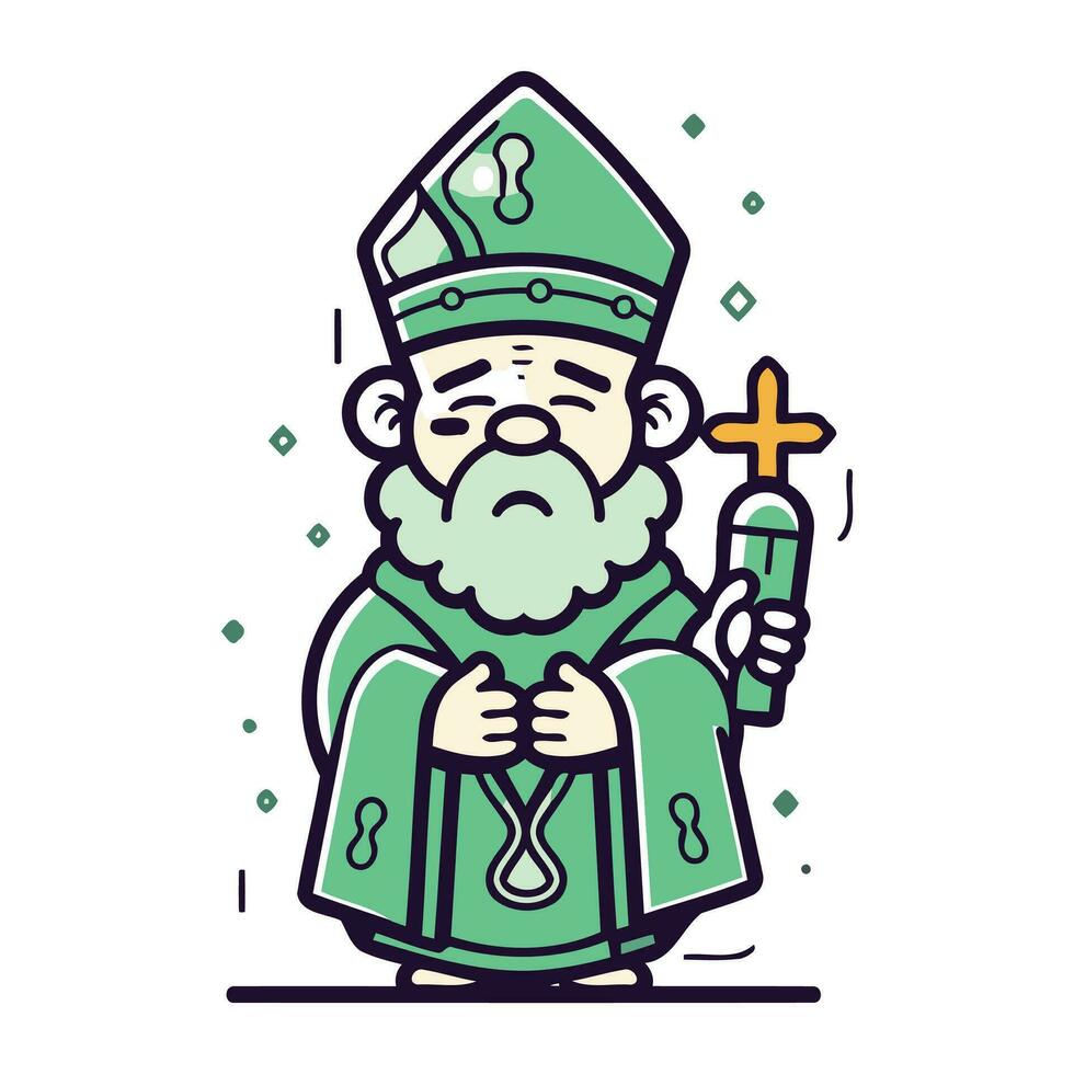 Vector illustration of St. Nicholas in a green robe with a cross.