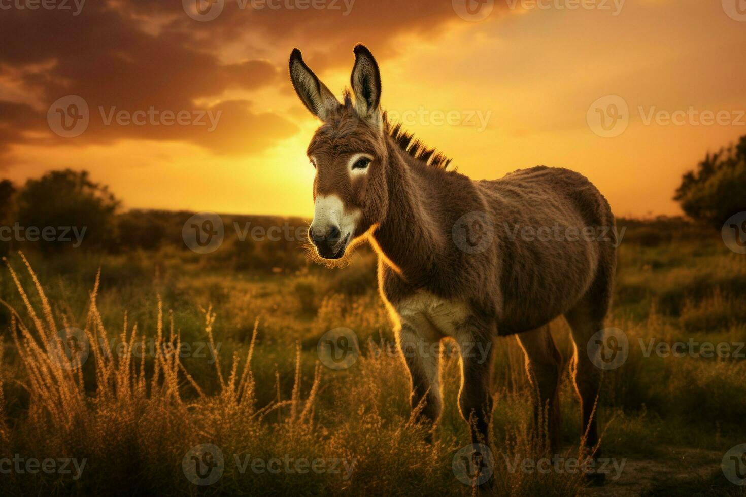 Rustic Donkey field sunset. Generate Ai photo