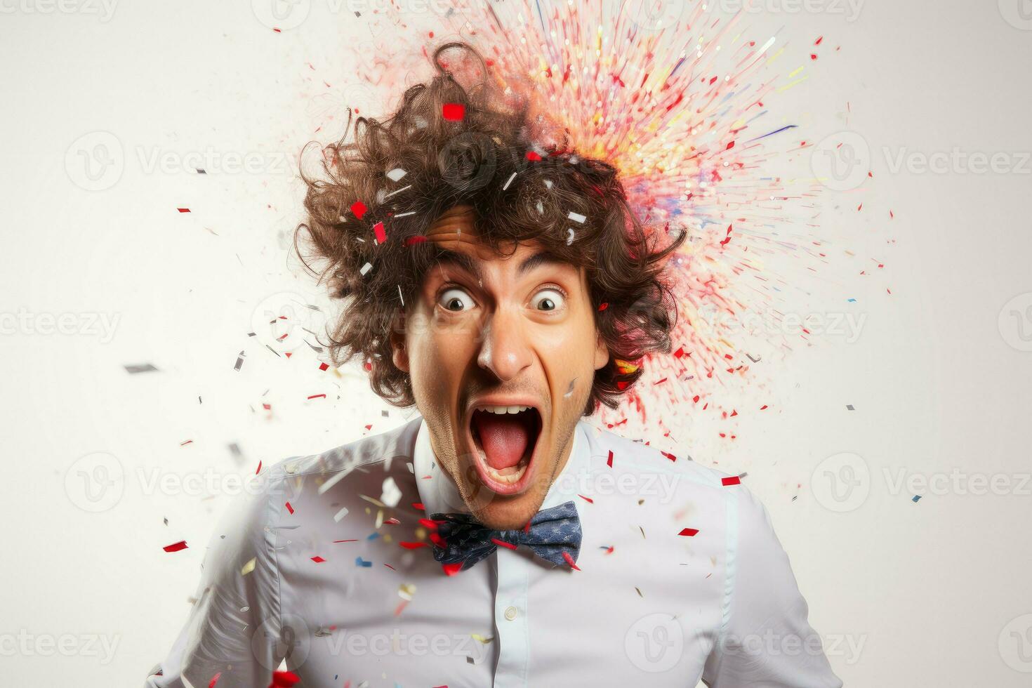 Emotional man with curly hair blowing up party popper. Generate Ai photo