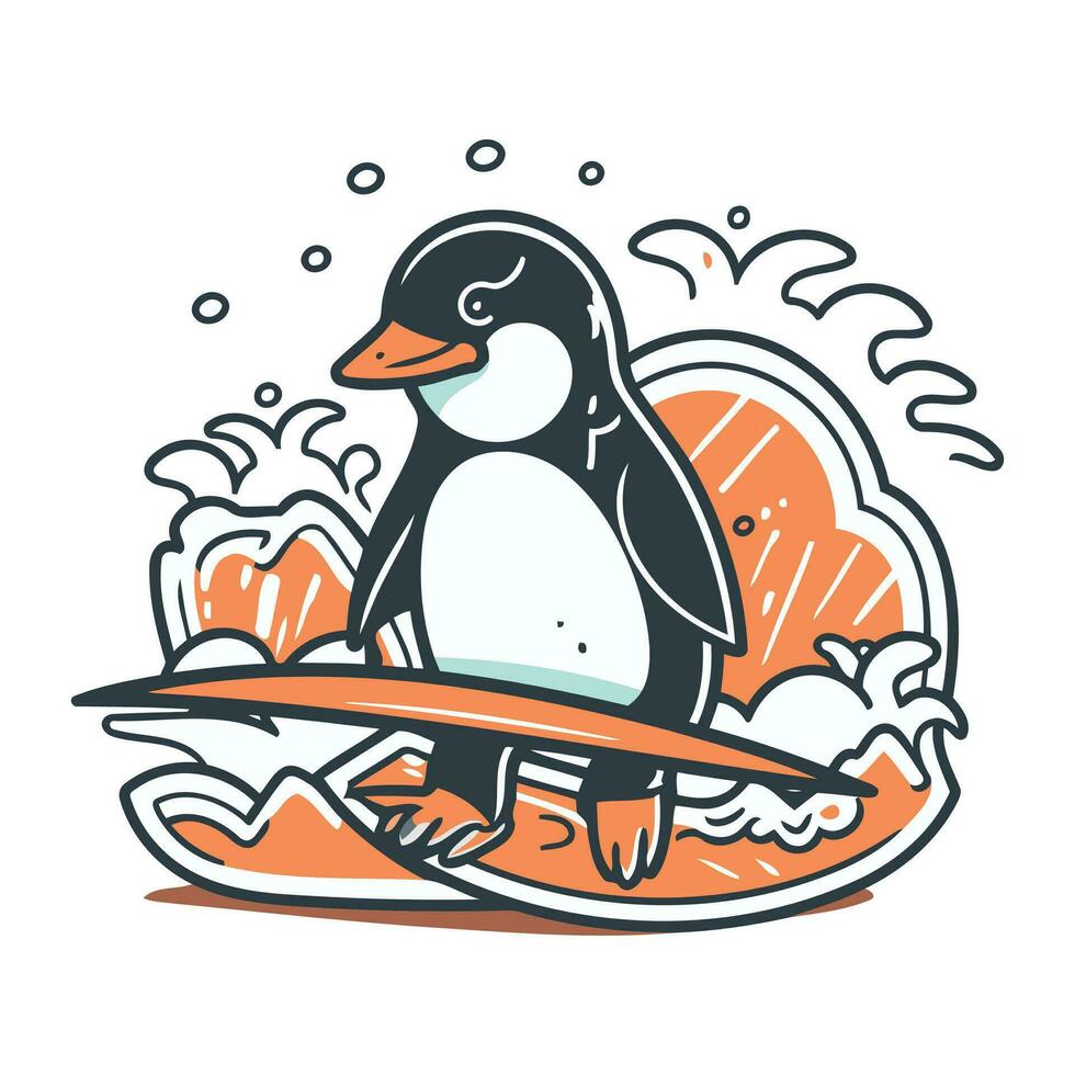Cute penguin with surfboard. Hand drawn vector illustration.