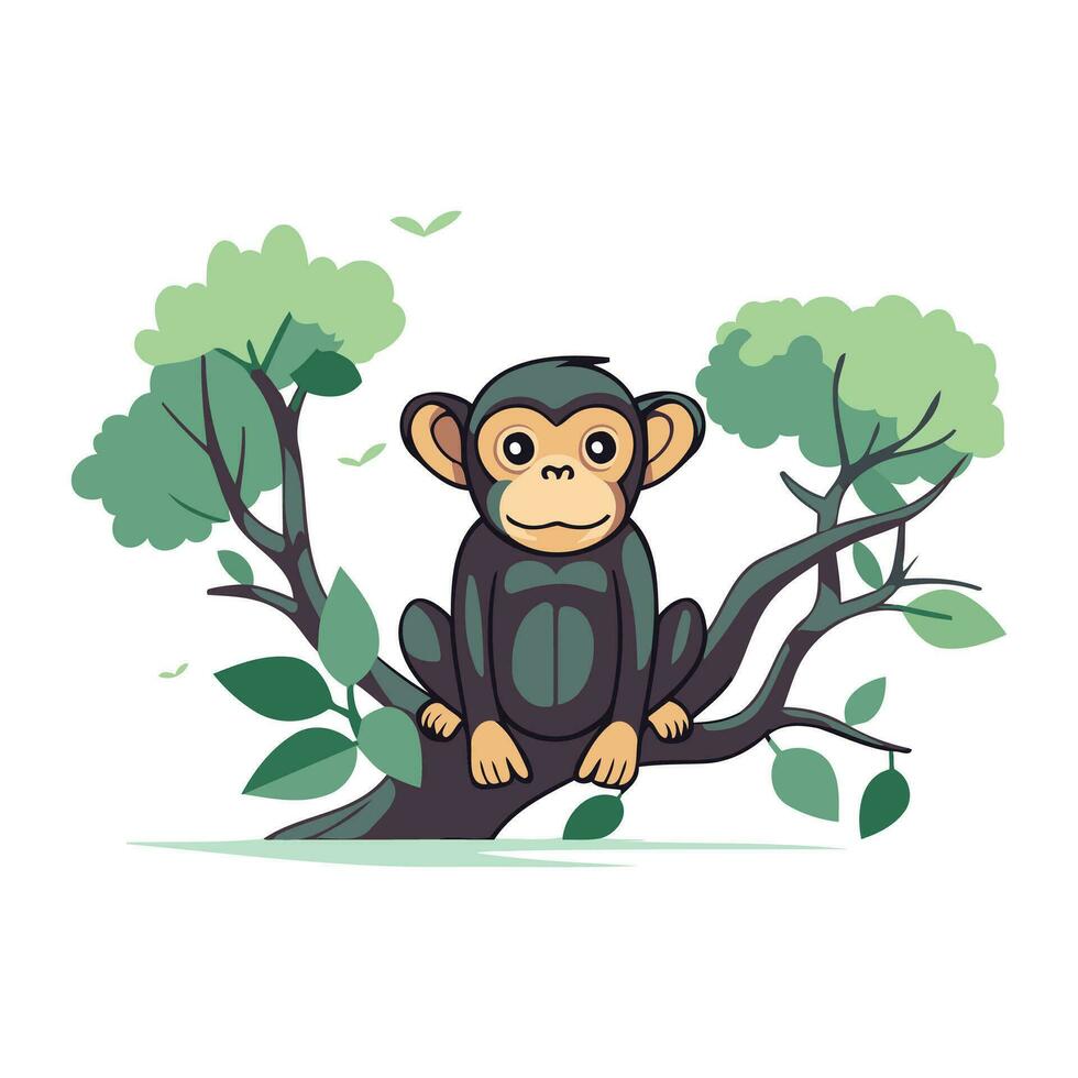 Monkey sitting on a tree. Vector illustration in cartoon style.