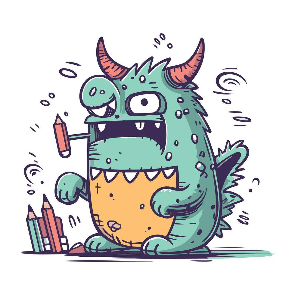 Funny monster with pencils. Vector illustration in cartoon style.