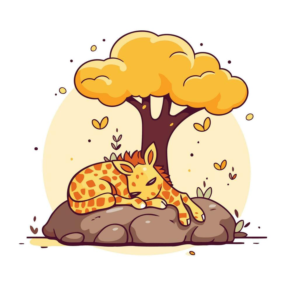 Cute cartoon giraffe sleeping on the rock. Vector illustration.