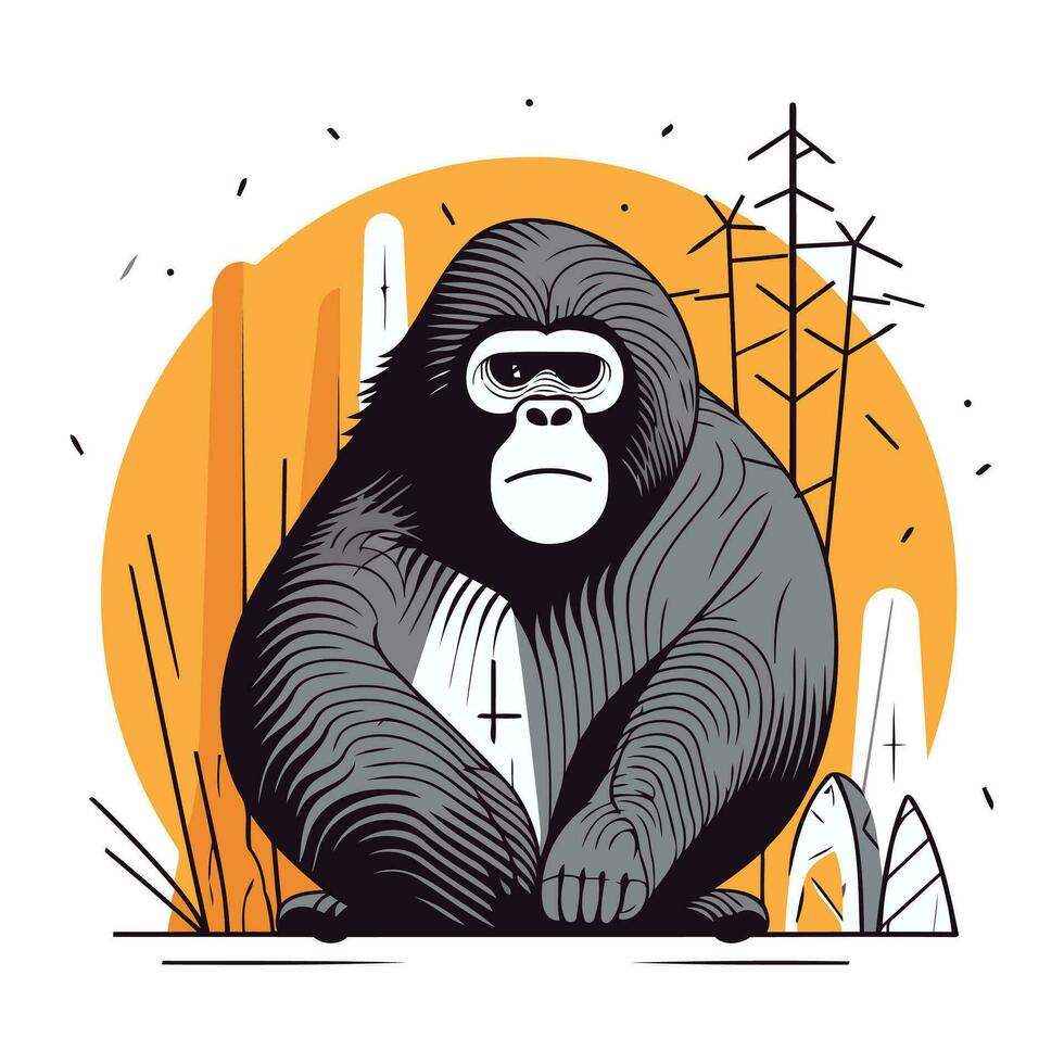 Gorilla sitting on the ground. Hand drawn vector illustration.