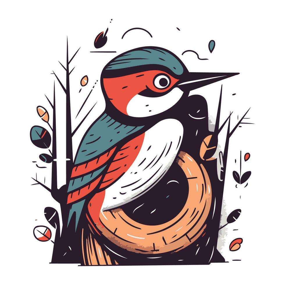 Hand drawn vector illustration of a cute woodpecker sitting on a tree.