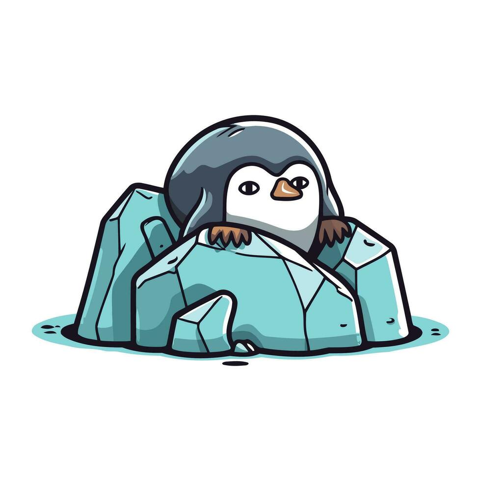 Cute penguin on ice. Vector illustration of cartoon penguin.