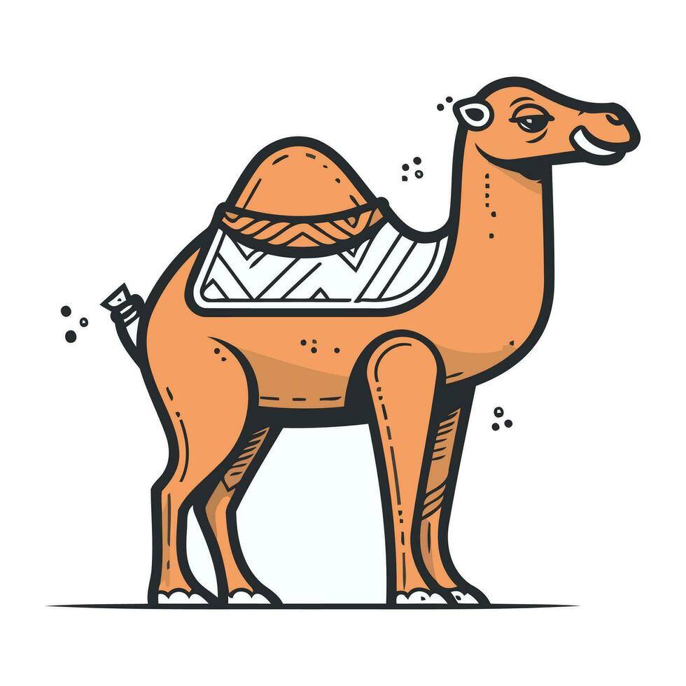 Camel vector illustration. Cute cartoon camel with saddle isolated on white background.