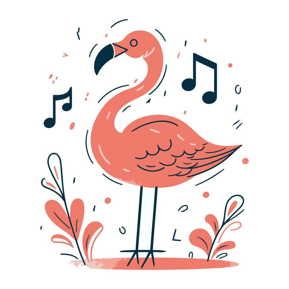 Flamingo with musical notes. Vector illustration in doodle style.