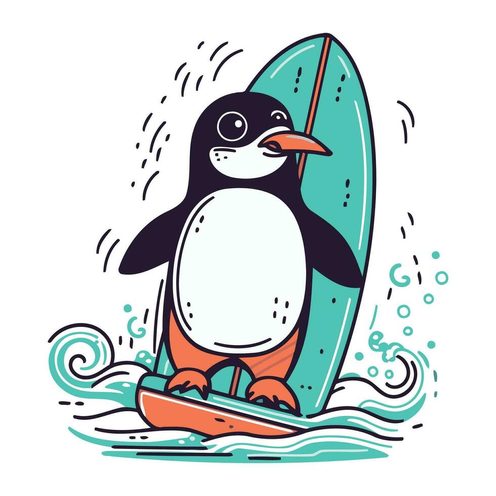 Cute penguin on surfboard. Vector illustration in cartoon style.