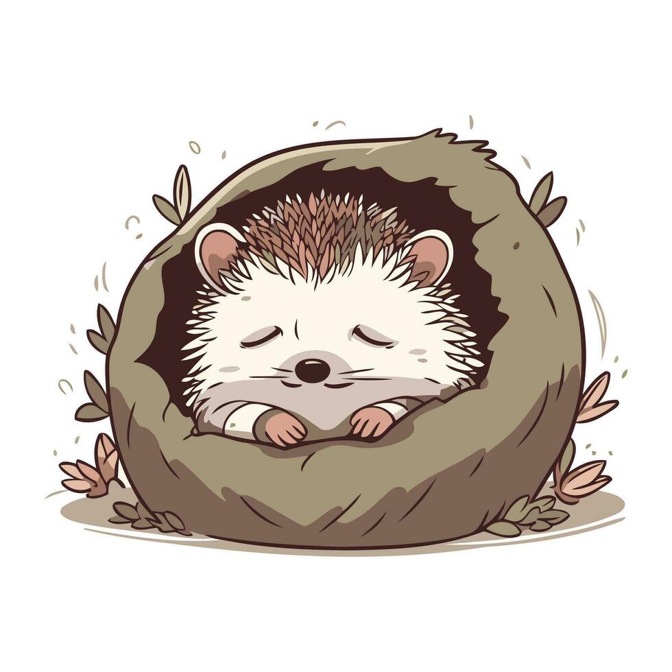 hedgehog sleeping in a pillow. Vector illustration on white background.