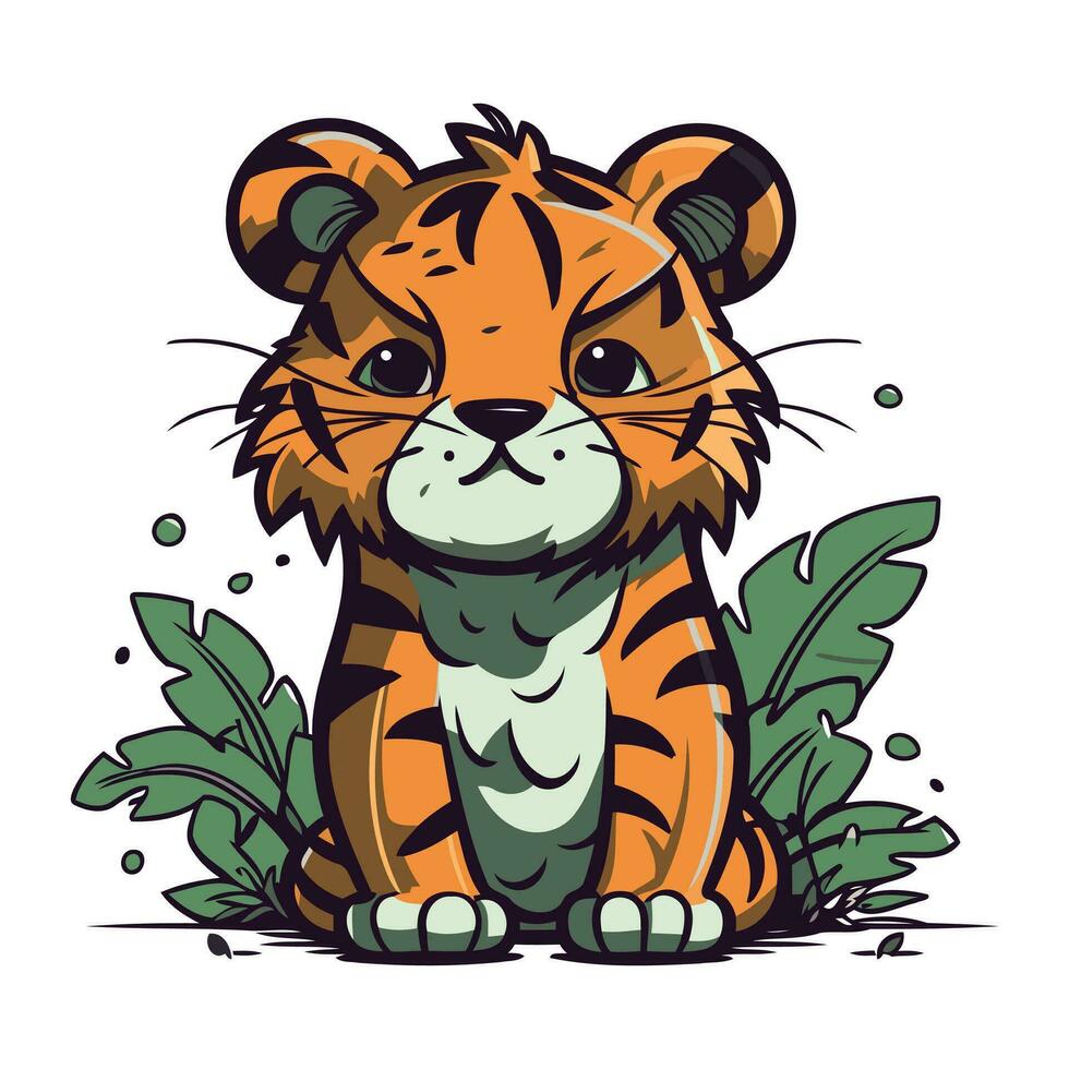 Cute tiger with green leaves isolated on white background. Vector illustration.