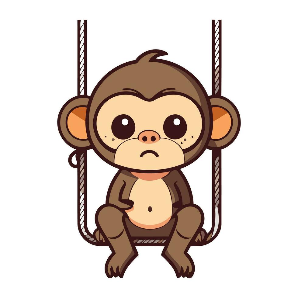 Cute monkey on a swing isolated on white background. Vector illustration.