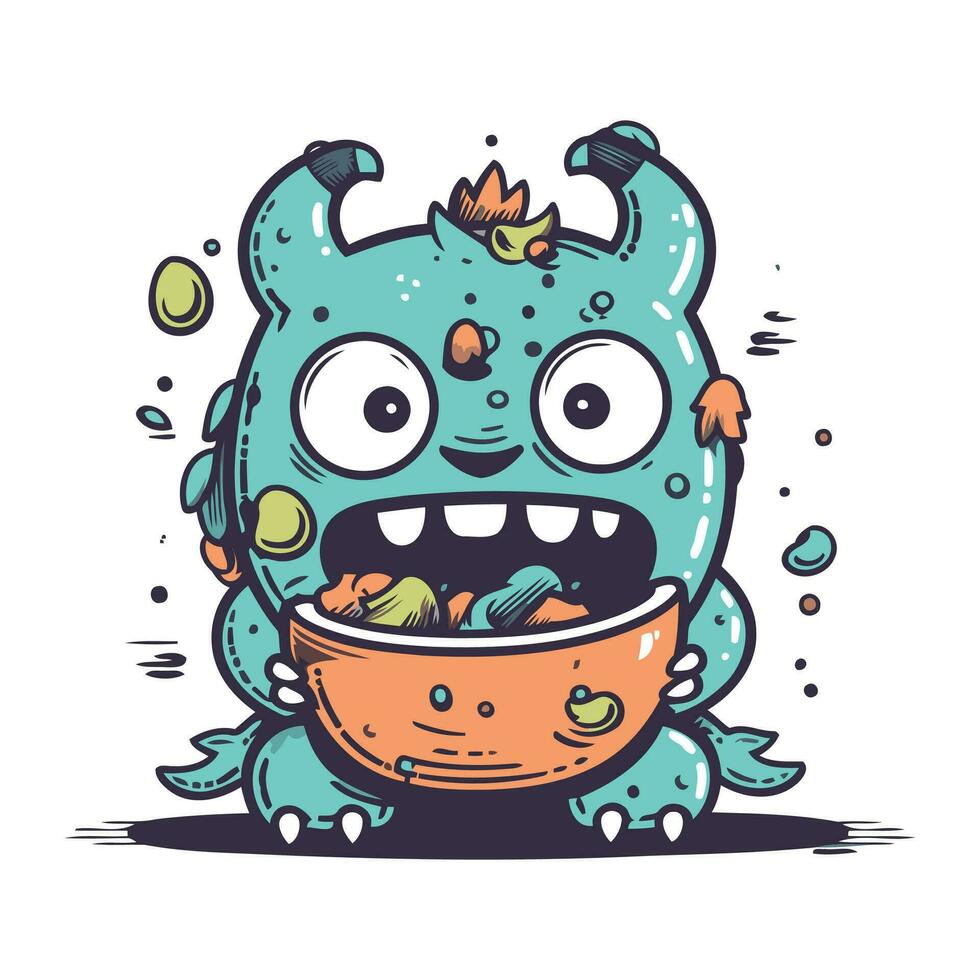 gracioso dibujos animados monstruo con un cuenco de alimento. vector ilustración.