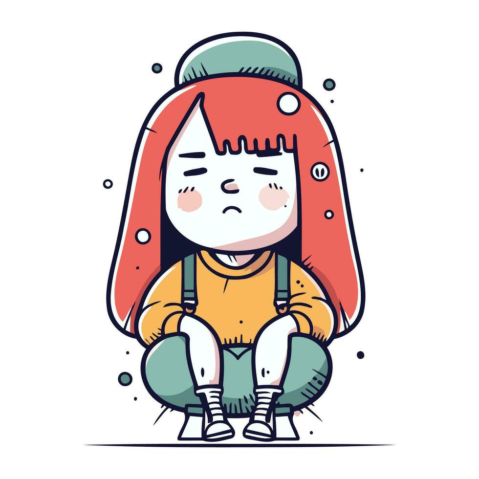 Sad little girl sitting on the floor. Vector illustration in cartoon style.