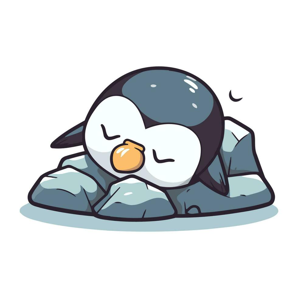 Penguin sleeping on rock cartoon vector illustration. Cute penguin character.