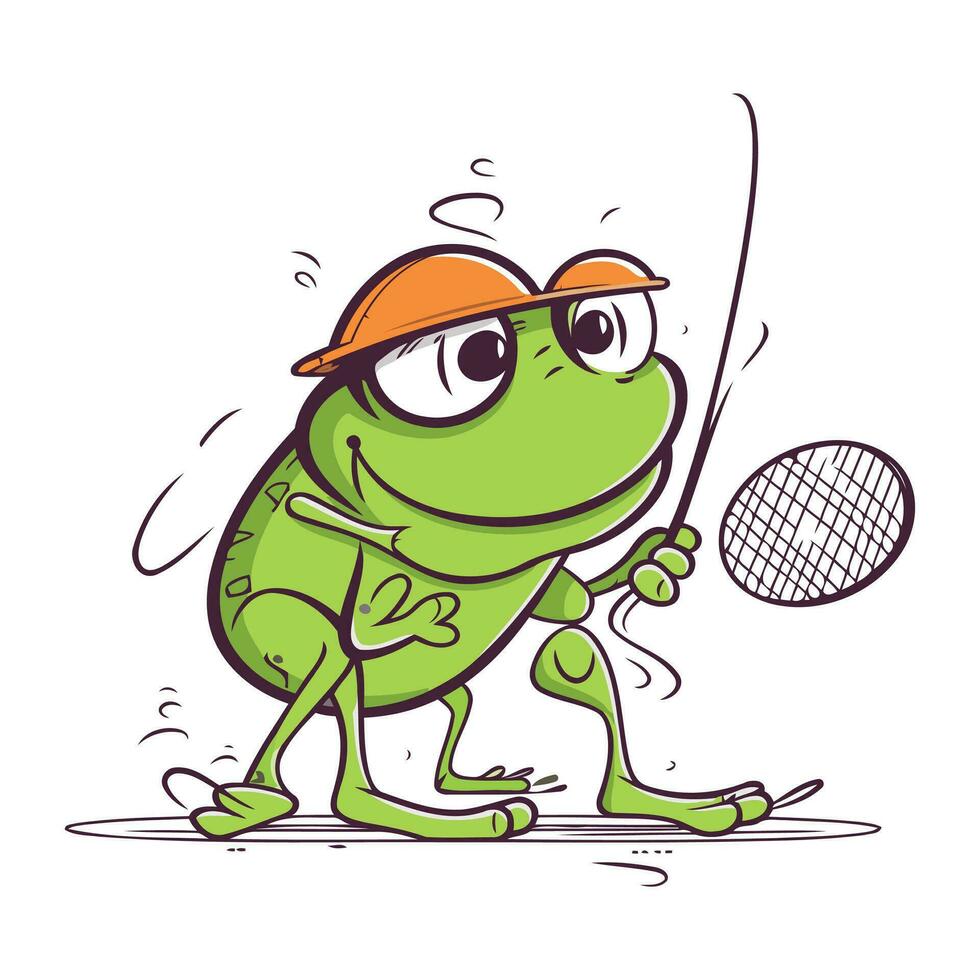rana tenis jugador con raqueta y pelota. dibujos animados vector ilustración.