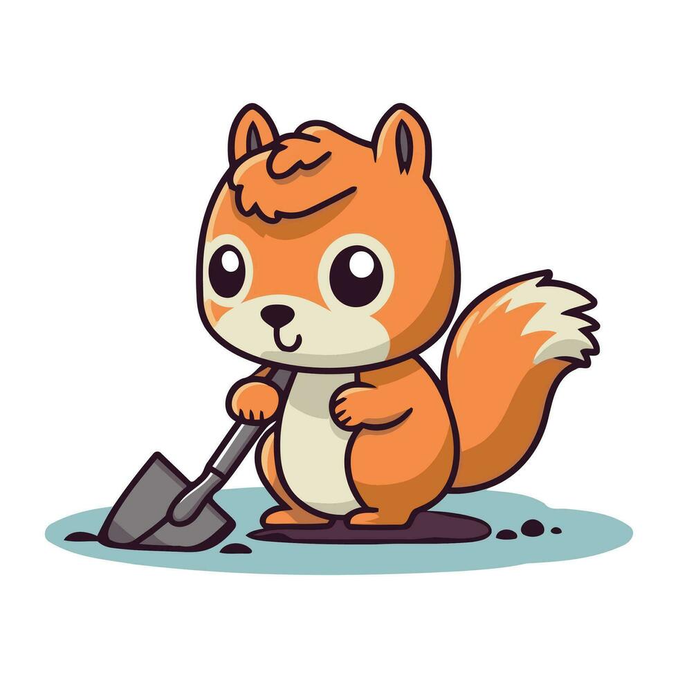 Squirrel with shovel. Cute cartoon character. Vector illustration.