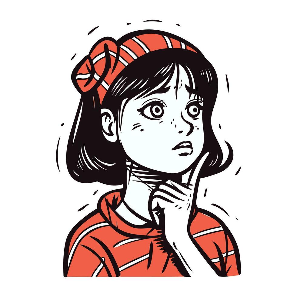 Girl thinks about something. Vector illustration of a girl in a headscarf.
