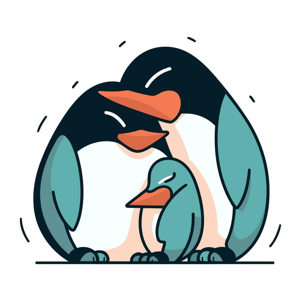 Cute penguin with chick. Vector illustration in flat style.