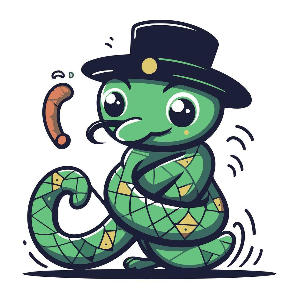 Cute snake in a hat and with a worm. Vector illustration.