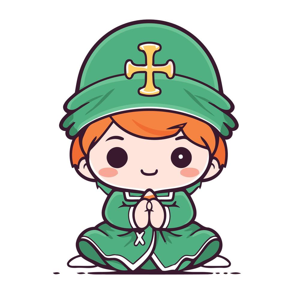 Cute little boy in green christian costume. Vector illustration