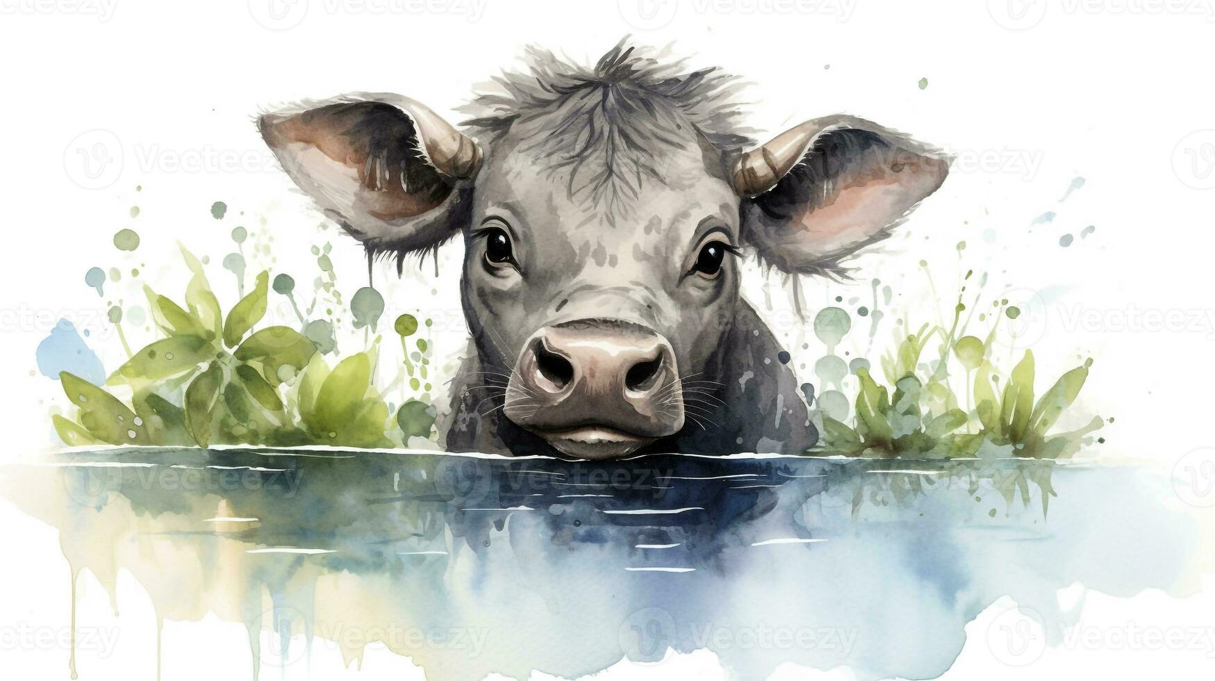 a cute little Water Buffalo in watercolor style. Generative AI photo