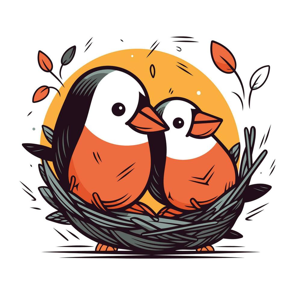 Vector illustration of two cute little birds sitting in nest with leaves.