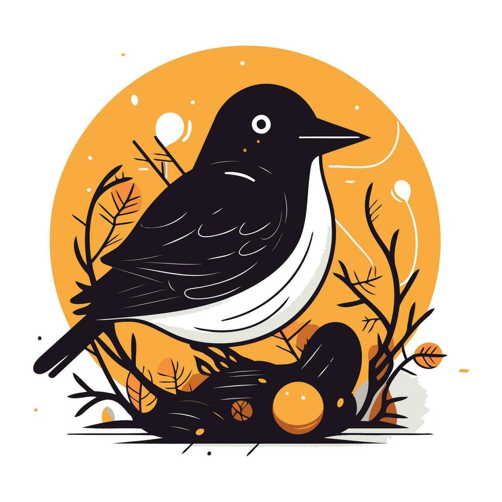 Illustration of a bird in the nest with eggs. Vector illustration.