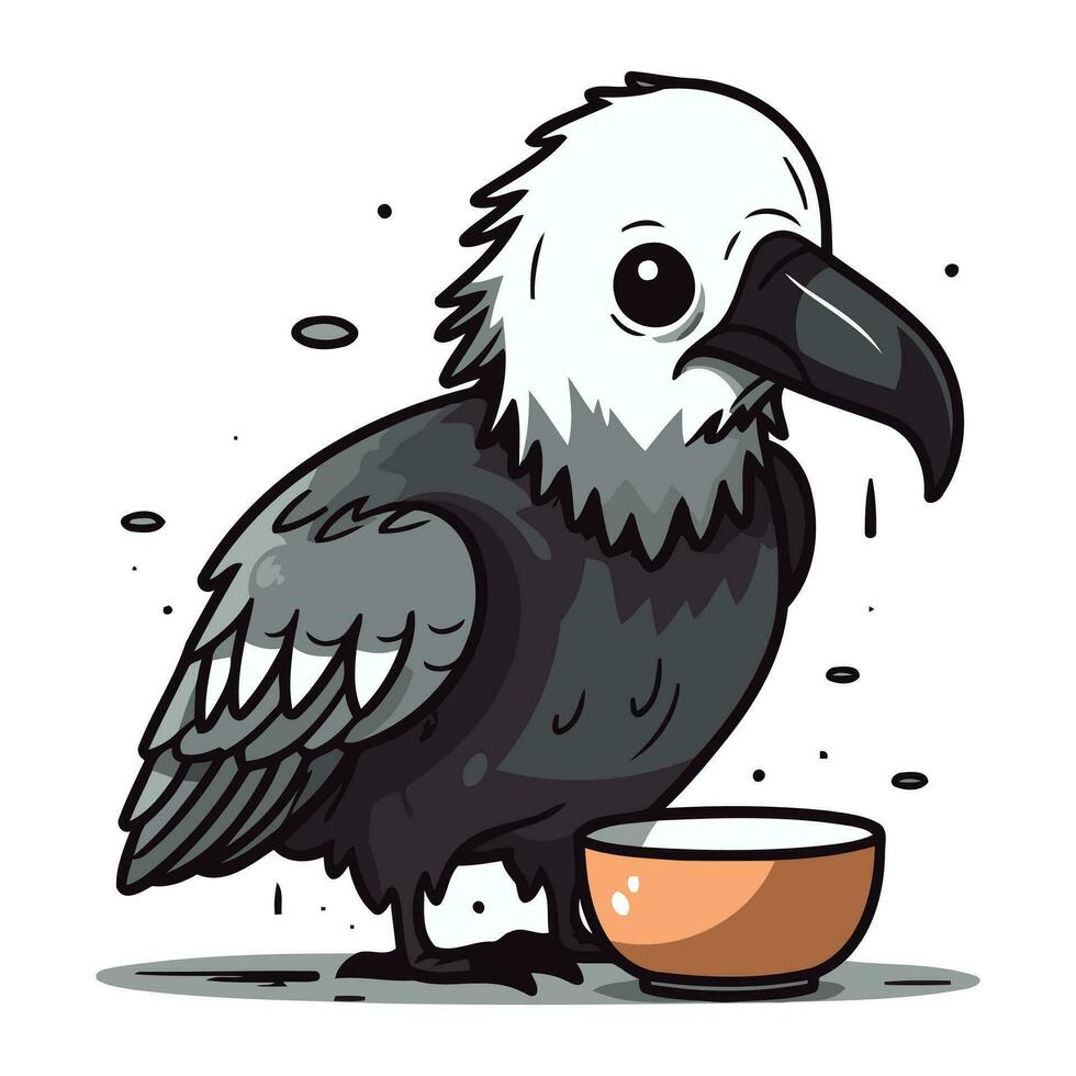 Cute vulture with a bowl of food. Vector illustration.