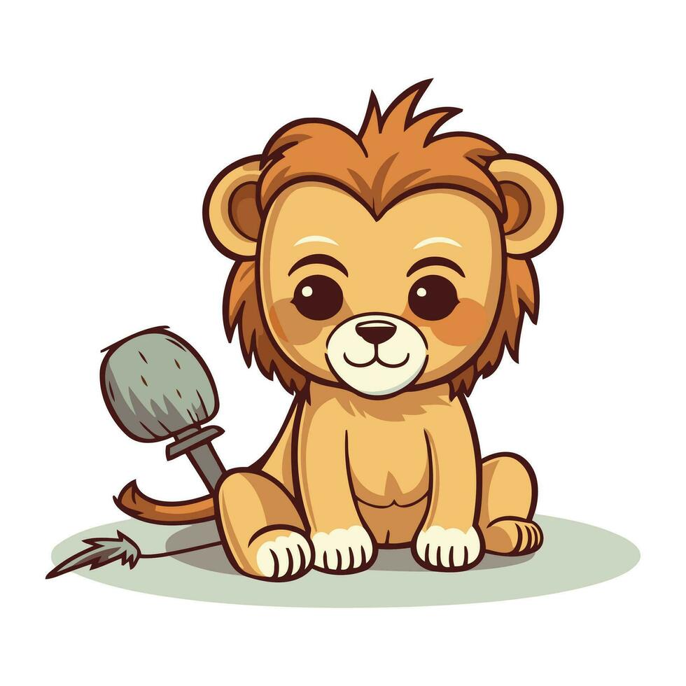 Cute cartoon lion with a shovel. Vector illustration isolated on white background.