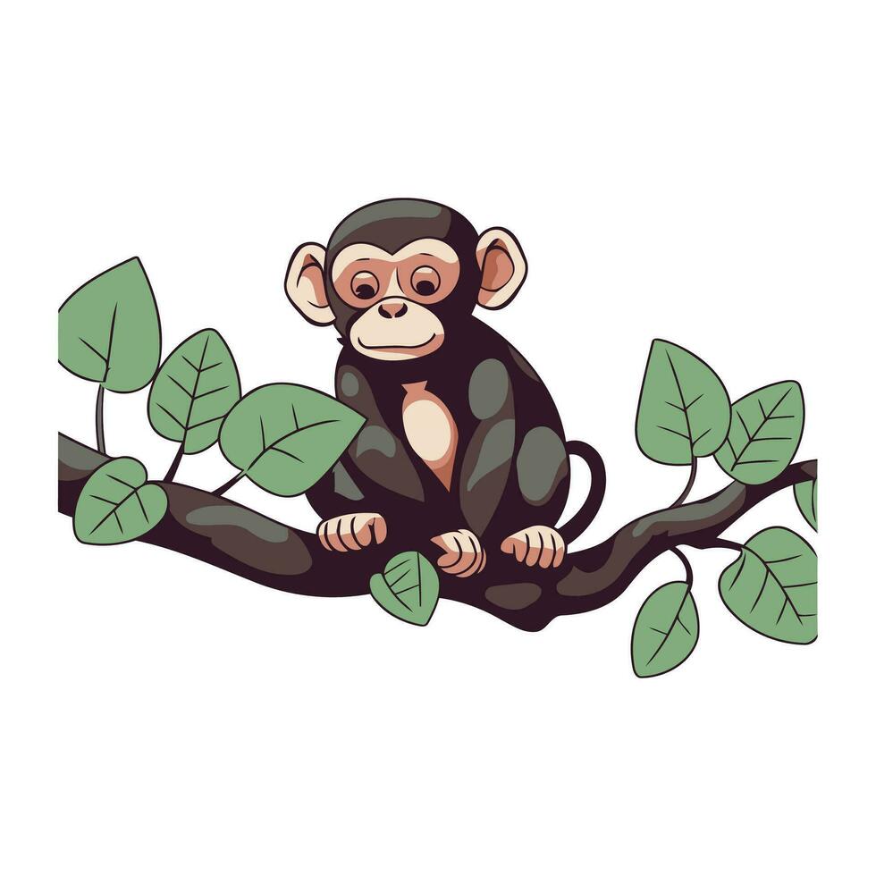 cute monkey sitting on a branch with leaves cartoon vector illustration graphic design