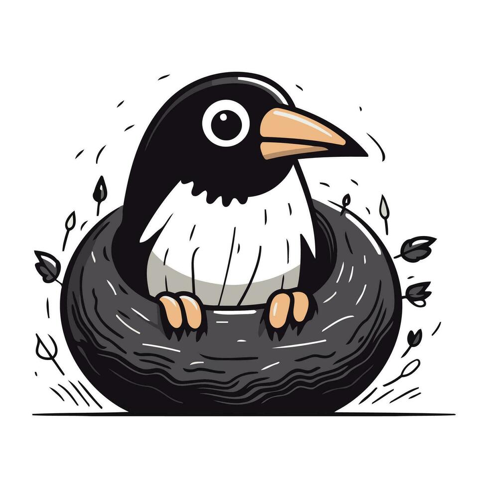 Cute cartoon penguin sitting in a nest. Vector illustration.