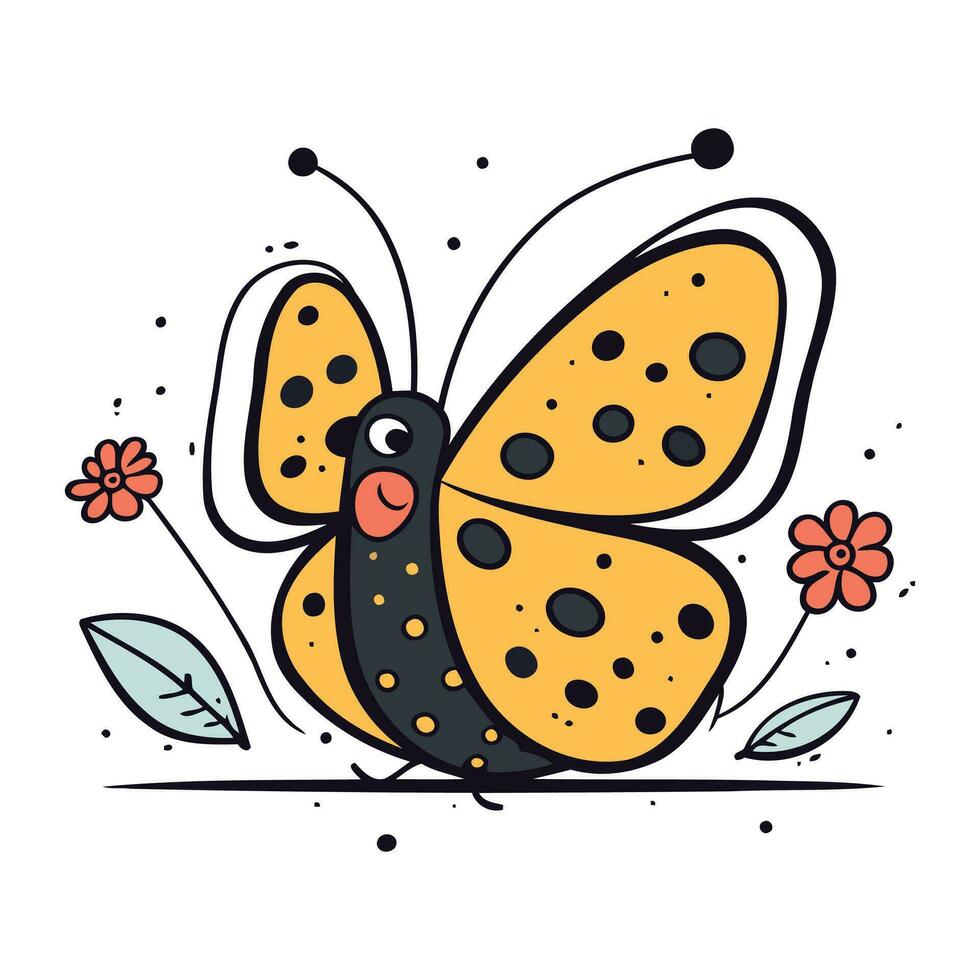 Butterfly with flowers. Vector illustration in doodle style.