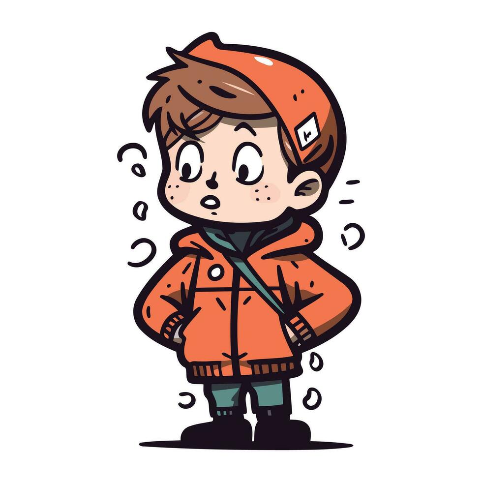 linda pequeño chico en invierno ropa. vector mano dibujado ilustración.