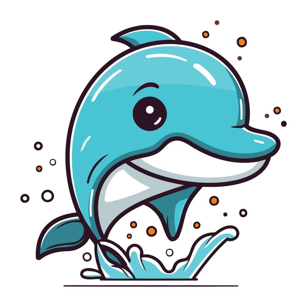 Cute cartoon dolphin jumping out of the water. Vector illustration.