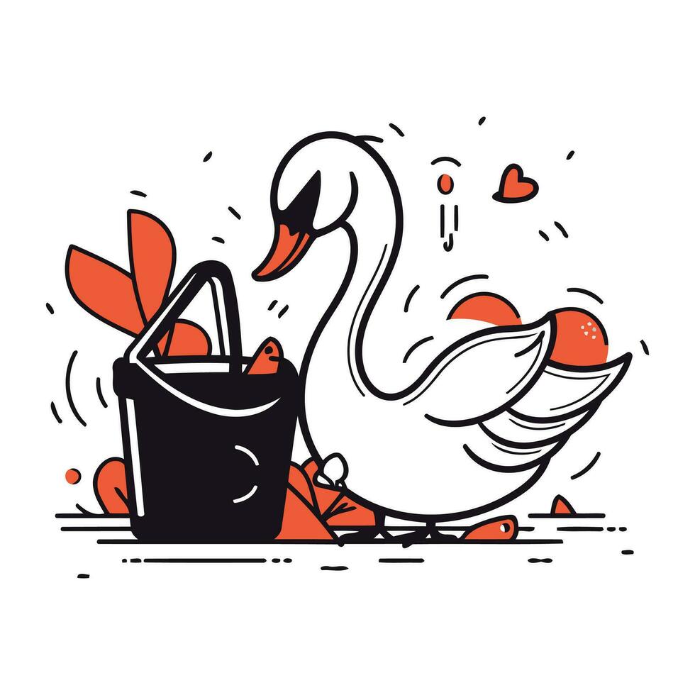 Swan and basket with hearts. Vector illustration in doodle style