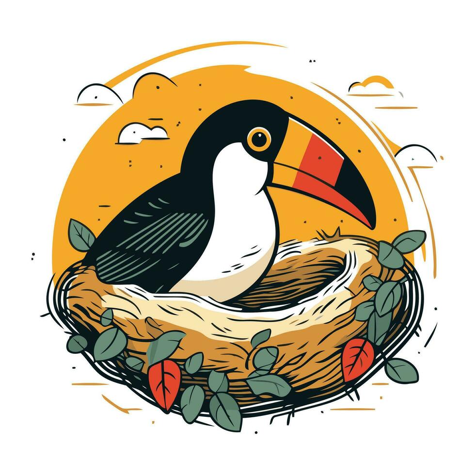 Toucan bird in nest. Vector illustration in cartoon style.