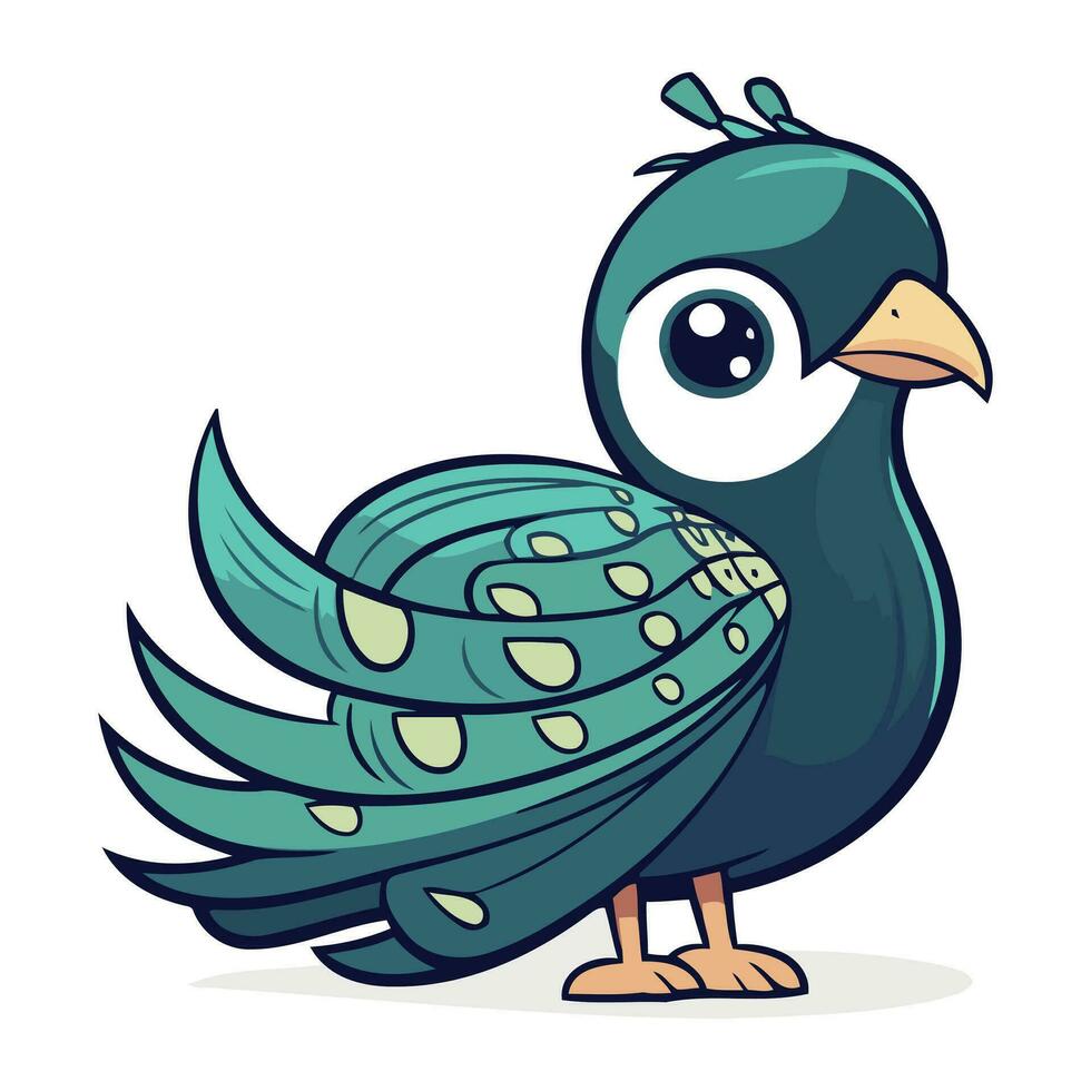 Cute cartoon bird with a peacock tail. Vector illustration.