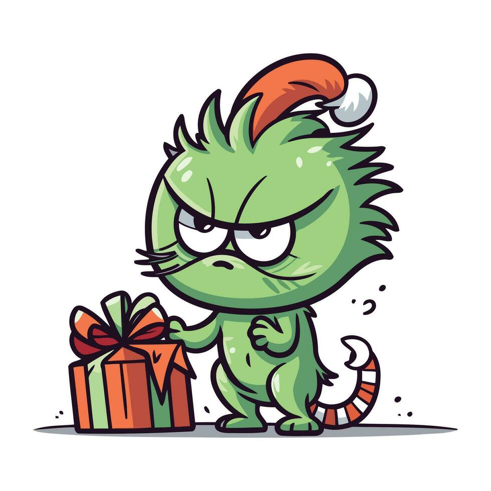 Funny cartoon monster with christmas gift. Vector illustration isolated on white background.
