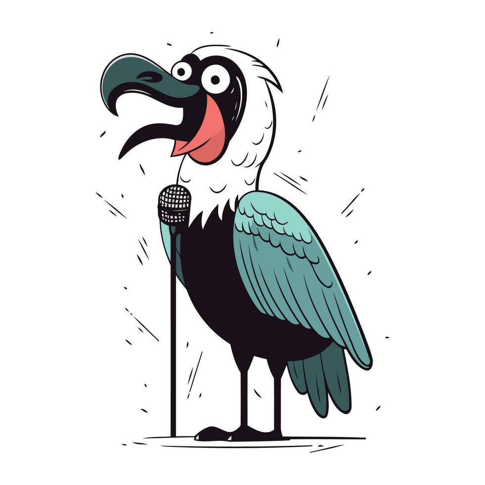 Vulture with microphone. Hand drawn vector illustration in cartoon style.