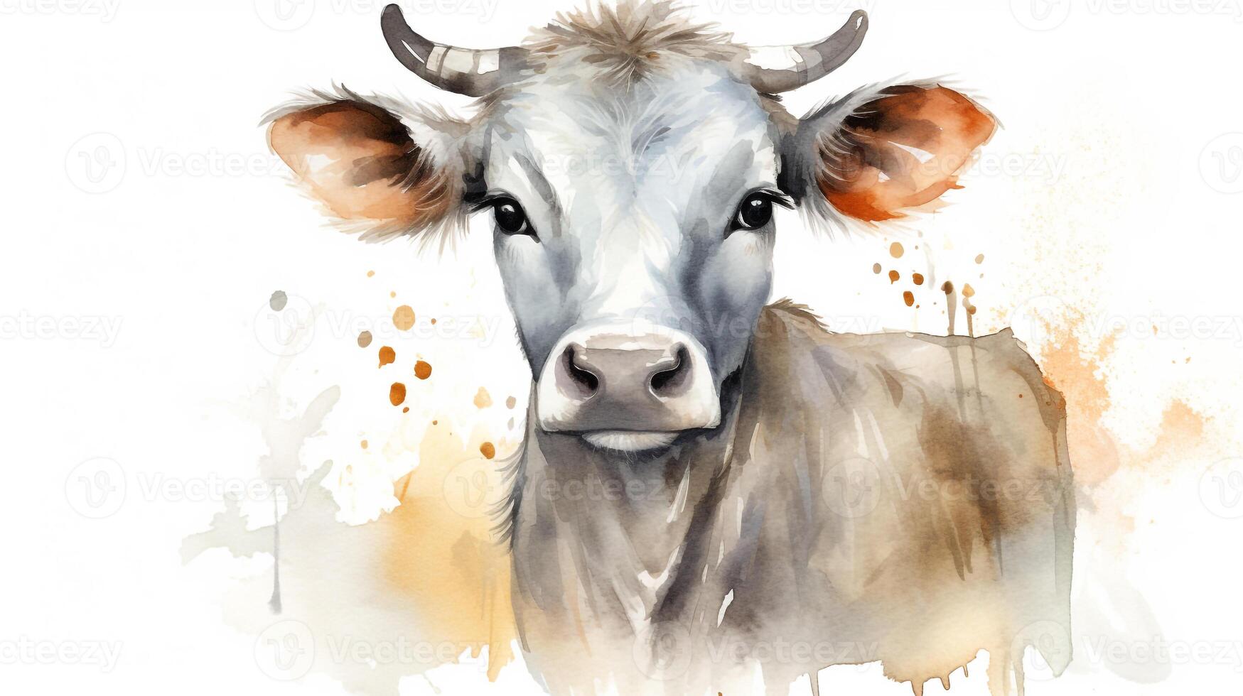 a cute little Zebu Brahman cattle in watercolor style. Generative AI photo