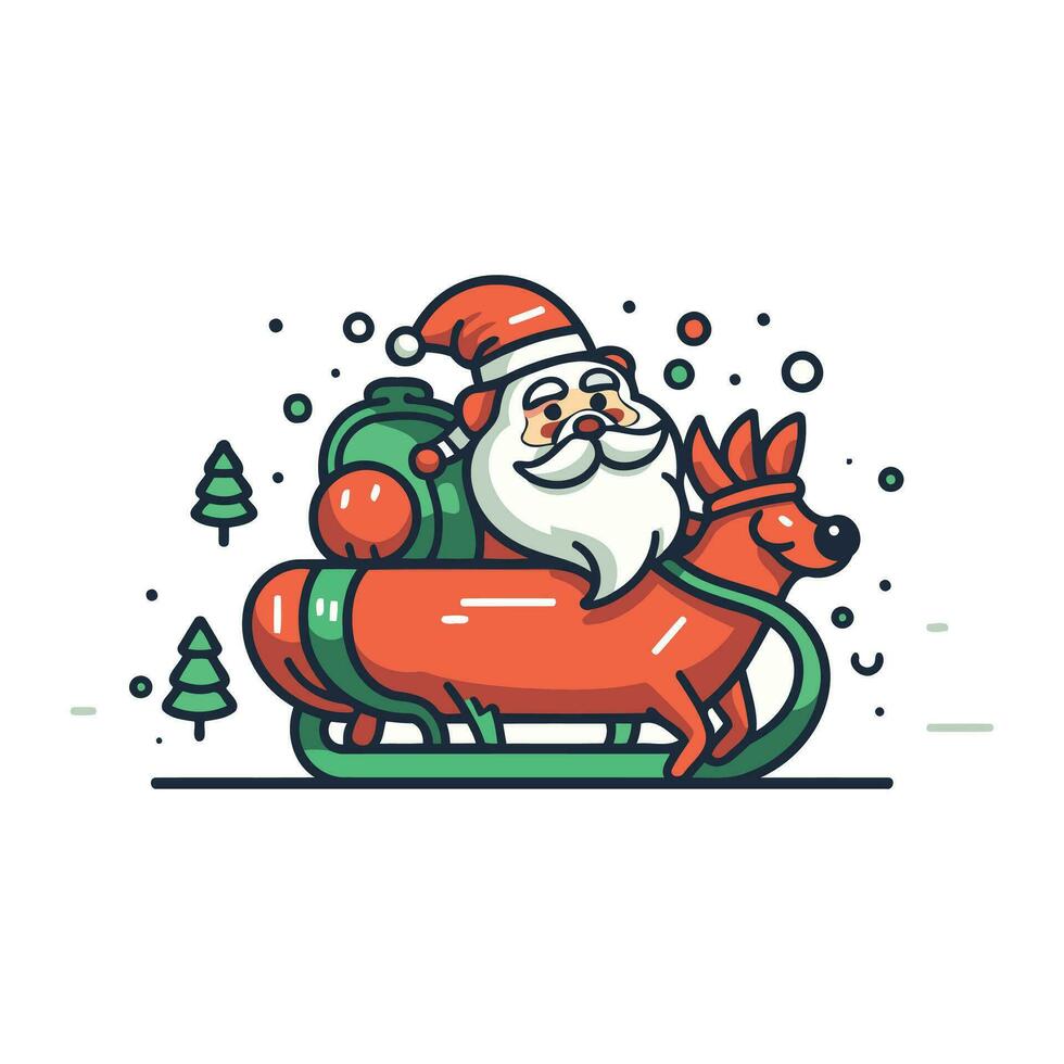 Papa Noel claus montando un trineo con presenta vector ilustración en dibujos animados estilo.