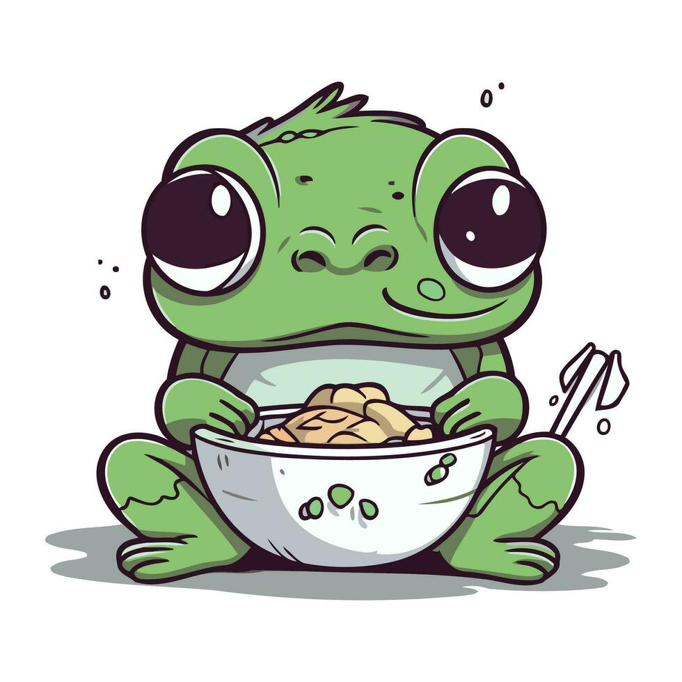 Funny frog eating a bowl of cereals. Vector illustration.