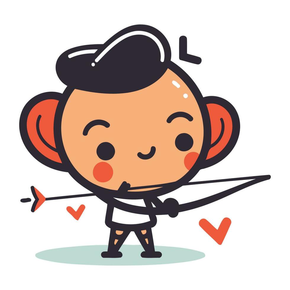 Cute cartoon monkey with bow and arrow. Vector illustration in flat style.