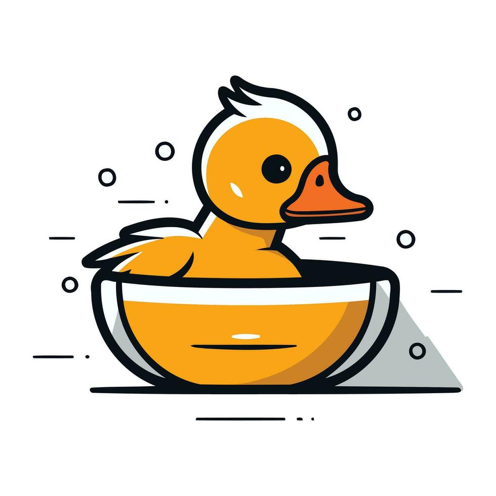 Cute duckling in a bowl. Vector illustration in flat style.